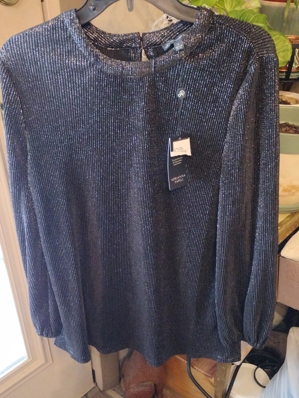 Adrianna Papell Metallic Black Ribbed Long-Sleeve Top